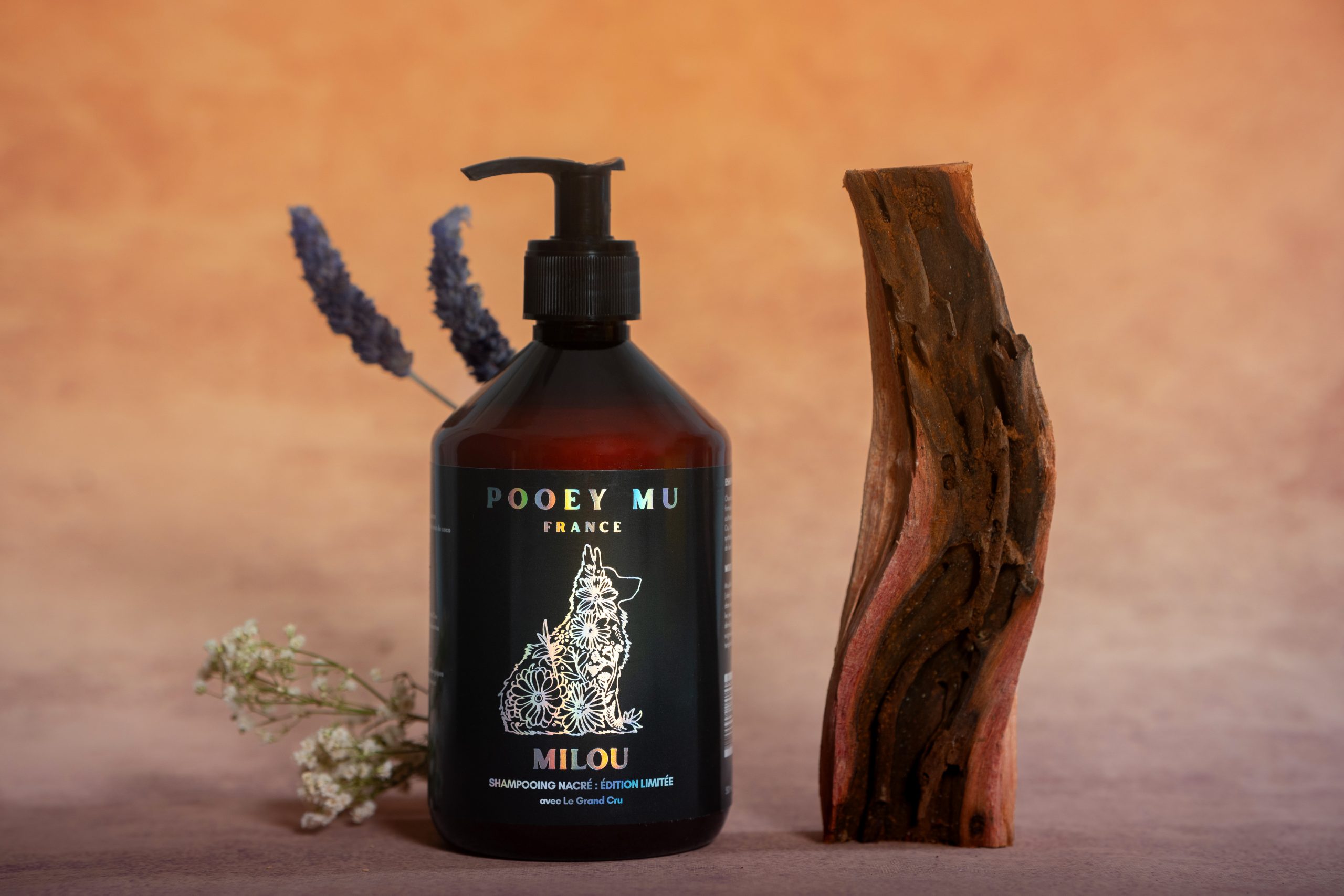 Shampoing pour chien sur fond orangé avec boss et lavande